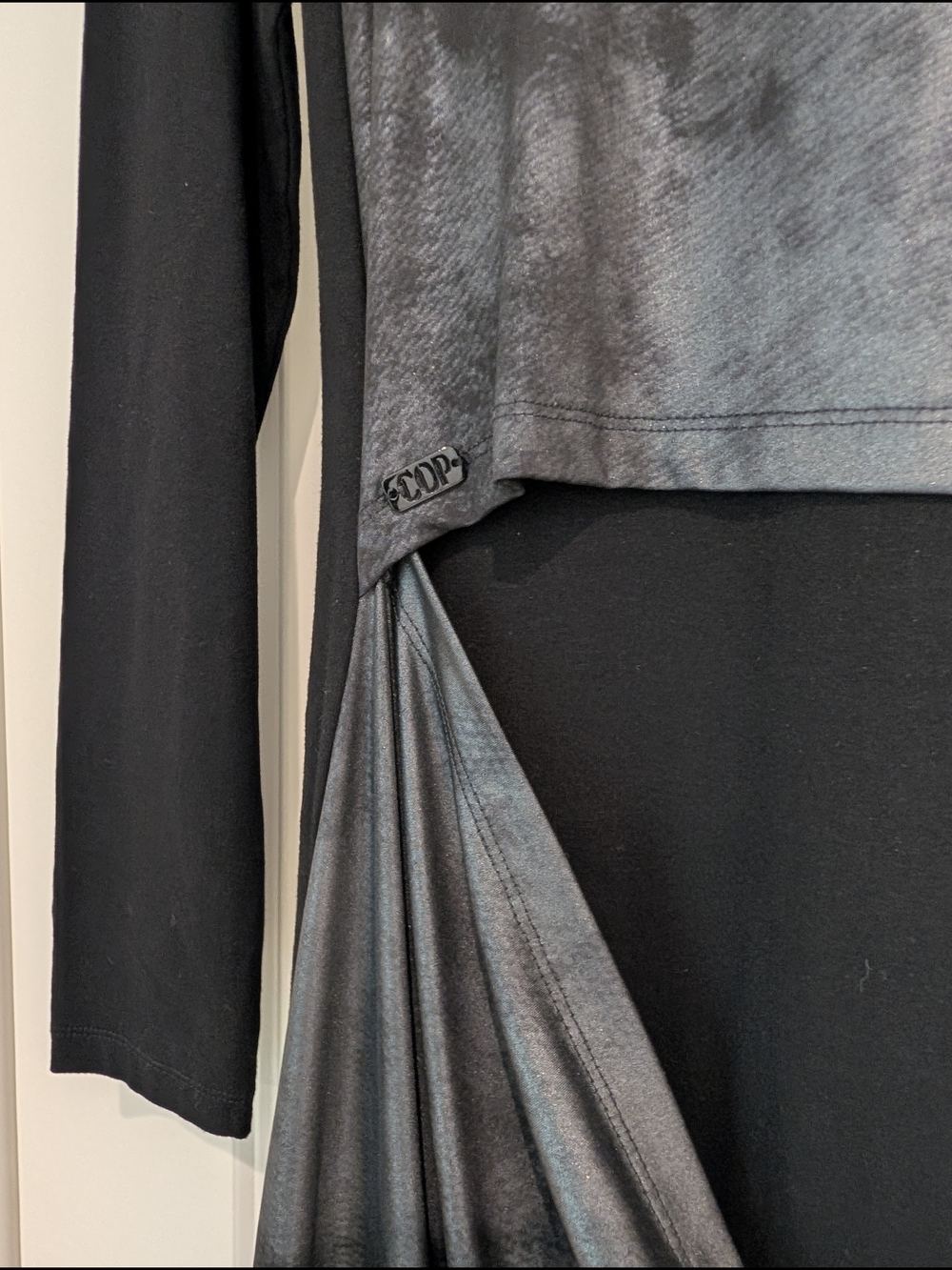 Cop.Copine Black and Charcoal Asymmetric Draped Long-Sleeve Dress - Picture 4 of 9